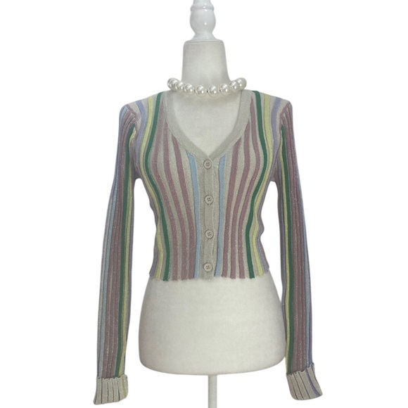 Lulus NWT Eye-Catching Trend Taupe Multi Striped Ribbed Cardigan Top - Picture 9 of 14